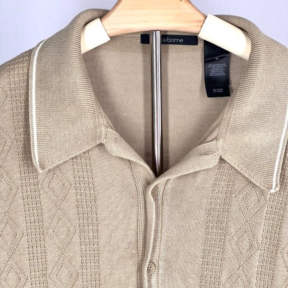 Claiborne Tan Diamond-Patterned Button Up Men's Medium Silk Shirt - Picture 3 of 5